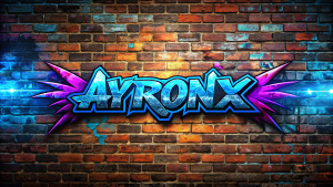 youtube banner, graffiti "AYRONX" is written on a brick wall with blue bricks