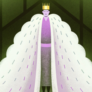 Robert Sean Leonard in period costume as King Richard II from Shakespeare's 'Richard II'. Golden crown, brown shimmering robe, and large fluffy white fur cloak. Dark, moody background with dim lighting for dramatic effect.