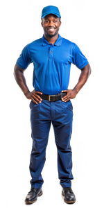 Jovem brasileiro, de pele escura, vestido com uniforme de frentista camisa pólo SEM BOLSOS azul royal boné azul royal  calça azul royal com bolsos cargo com detalhes em amarelo ouro somente nos bolsos sapato preto sobre fundo transparente