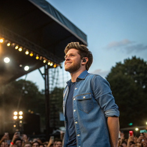 Niall Horan, standing confidently in a casual denim shirt, at an outdoor concert. Fans screaming in the background.