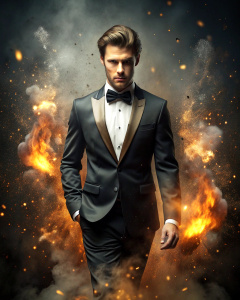 effect, photoshop action, realistic with human body in tuxedo, fire, sparks, dust, explosion, smoke, sand, shadows, glow, glow, glare, light, slim, in style: serious, business, wise, quality xd,  