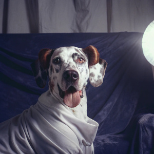 A cute, white and black spotted dog wearing a playful Princess Leia costume. Tongue out. Against a simple white backdrop