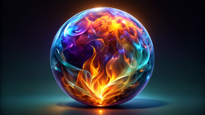 An elegant glass ball with colorful fires burning inside, refracting colored lights, a black background, a black fog