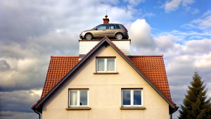 a car on a house roof