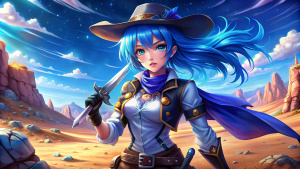 Ilustración de personaje de anime de chica de pelo azul rizado, cuchillo, ropa de vaquero, desierto, arte digita.