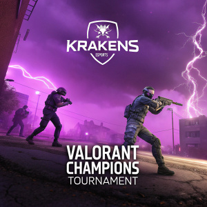 Promotional banner for Krakens Esports at Valorant Champions Tournament. Dramatic digital artwork featuring players in action, vibrant purple hues, and illuminated logos