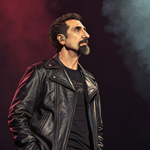 Serj Tankian, frontman of System of a Down, depicted in a modern graphic novel style. Dressed in a leather jacket. Dark, dramatic background.
