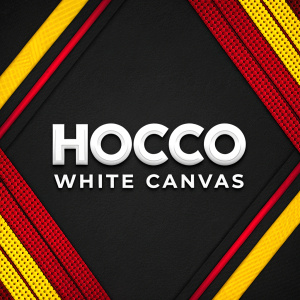 The Hocco White Canvas logo, a bold and dynamic graphic design. Utilizes a sleek, sans-serif font on a dark backdrop, with bright, geometric patterns in red and yellow. Modern branding focus