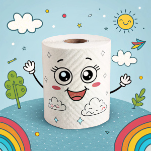 Animated toilet paper roll smiling and waving. Playful cartoon style background