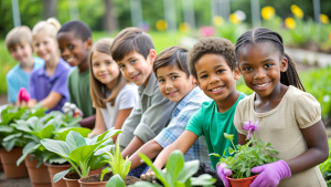 Kids at a community garden, tending to their plants and flowers with enthusiasm. Planting, and enjoying their labor as their garden flourishes