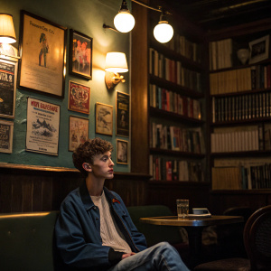 Troye Sivan in a cozy cafe, dimly lit with warm glow from lamps. Surrounded by books and vintage posters, casual attire.