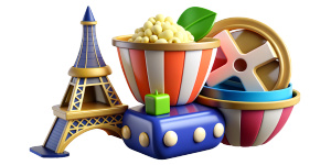 icons popping out of it movie video music Eiffel Tower popcorn in packaging 