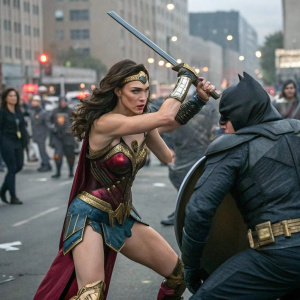 Gal Gadot as Wonder Woman. Wields a sword in a crowded street fight scene, among other superheroes.
