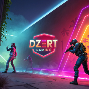 Promotional artwork for gaming brand 'Dzert Gaming'. Bright neon colors, dynamic characters, bold brand logo.