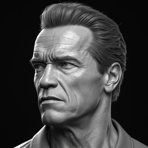 Arnold Schwarzenegger's face in a detailed 3D digital render. Background is black