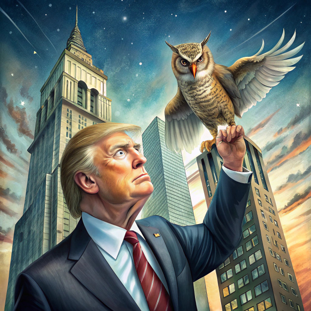 Trump and owl on the top of a high building - Recraft