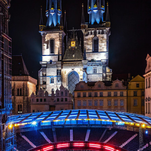 Futuristic promotional video for AC Spartan Prague Football. Vibrant and dark color scheme. Historical European architecture in the background.