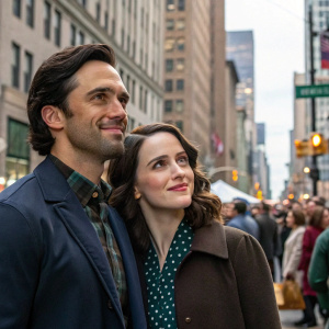 Milo Ventimiglia and Rachel Brosnahan on a busy city street. Crowds and tall buildings surrounding them.