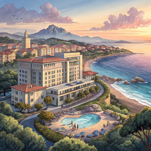 Welcome to the DoubleTree by Hilton Hotel Olbia Sardinia. Nestled on the picturesque shores of Sardinia, our hotel offers a serene escape with stunning views of the sea and the vibrant cityscape beyond. Our Save on Groups promotion makes it the perfect destination for gatherings of any size. Enjoy our luxurious amenities and services, designed to enhance your stay. Relax in our ocean-view rooms, indulge in gourmet cuisine, and take advantage of our special offers. Book your stay today and experience the ultimate in comfort and hospitality. Muted color scheme for a soothing aesthetic.