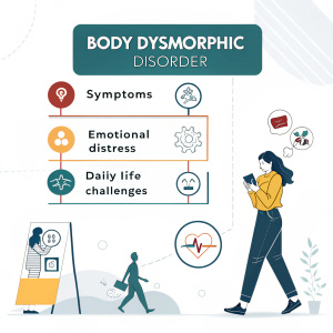 Infographic depicting Body Dysmorphic Disorder. Explains symptoms and impact on individuals. Uses simple language and visuals for clarity.