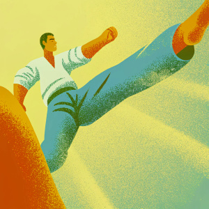 Jin Mori from 'God of High School' anime. Performing a high kick in mid-air. Wearing a white shirt and blue pants. Bright yellow background. Cartoon style with bold outlines and vibrant colors.