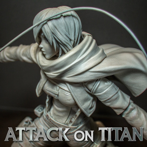 A hyper-realistic 3D render of Mikasa Ackerman from Attack on Titan. White, pliable material. She is in an action pose. Black background. Attack on Titan text, rendered in 3D.