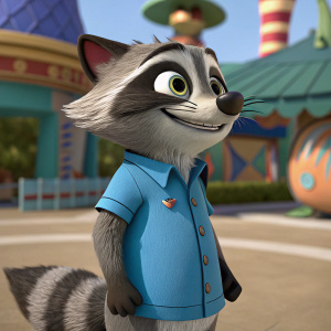 Cartoon raccoon from Zootopia in a vibrant 3D render. Dressed in a blue shirt with a friendly smile. Rendered in a whimsical style.