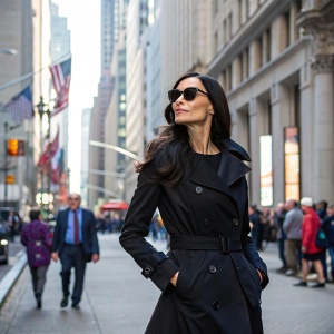 Famke Janssen, standing confidently on a bustling city street, wearing a black trench coat and dark sunglasses. The backdrop is a crowded urban scene with people walking past.