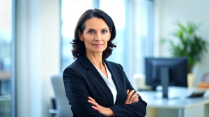 a confident Latin middle-aged businesswoman stands in her office with her arms crossed, looking directly at the camera for a portrait