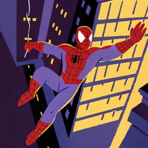 Comic illustration of Spider-Man swinging through the city. Detailed suit, dynamic action pose.