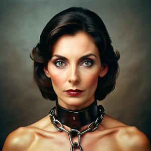 40 yo attractive brunette slave wearing thick broad leather collar with ring attached to the front. Hand chained together.