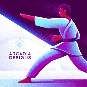 Reddish-brown male figure practicing kung fu. Dynamic pose with intense gaze. Dark background. Spanish text and logo from ArCadia Designs