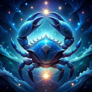 crab
 Zodiac Constellation, set in the vast and majestic universe, radiating with a shimmering and ethereal glow, positioned among a sea of stars in the cosmic expanse. Illuminated by celestial radiance and cosmic rays, created by a master of cosmic artistry in a surreal and otherworldly style, using digital painting as the medium for an astrological illustration. The color scheme features deep indigo and gold, with high-definition digital rendering to capture museum-quality detail and pre