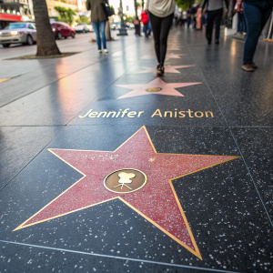 Close-up of Jennifer Aniston's star on Hollywood Boulevard. Red star-shaped plaque with gold border and name inscription