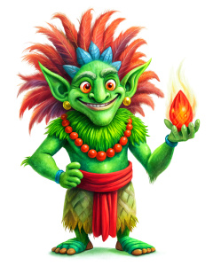 very comic and crazy green troll, illustration, red accessories, shaman doing a shamanic ritual, vintage cartoon effect, white background