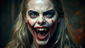 Vampire Cara Delevingne, Vampire teeth, she looks very crazy, extremely creepy, Location Dark Room, beautiful art, UHD 4 k, oil painting 4 k, oil painting 4k, extremely detailed oil image