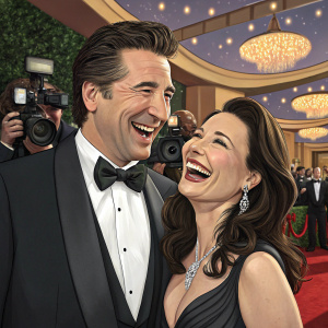 Billy Baldwin and Fran Drescher laughing together at the Golden Globe Awards. They wear formal dresses and tuxedos, surrounded by flashing cameras.