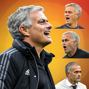 Compilation of Jose Mourinho's career highlights. Various facial expressions and poses. Bright background. Image style: montage.