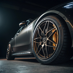 Close-up of the Mercedes-Benz AMG GT 63 S wheel. Dark background, spotlighting metallic finish and tire details.