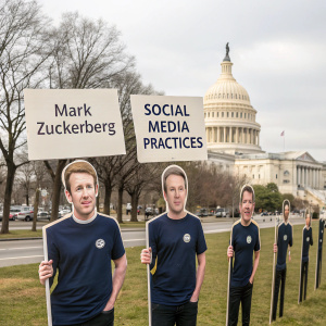 Multiple cardboard cutouts of Mark Zuckerberg holding protest signs outside the U.S. Capitol Building.