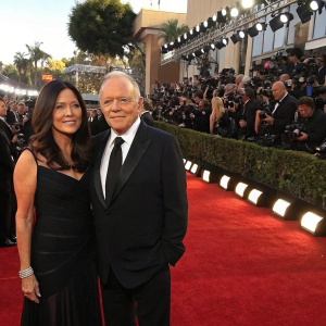 Sir Anthony Hopkins and Stella Arroyave attending the Golden Globe Awards. The couple is dressed in black tie formal wear, posing for photographers. The red carpet is bustling with fans and media.