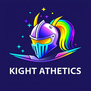 "Brilliant colorful logo integrating a knight helmet and flashy effects for a creative company called Knight Aesthetics"