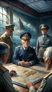A close-up of Admiral Nimitz in a moment of contemplation, holding a naval battle map and surrounded by his officers in a strategy meeting aboard the flagship. The room is filled with tension and focus, highlighting the weight of decision-making