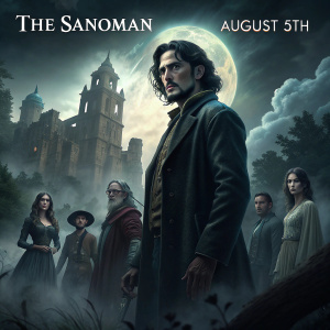 Promotional artwork for 'The Sanoman', a dark and gothic Netflix original series. Dark-haired protagonist amid a group of diverse characters. Release date: August 5th.
