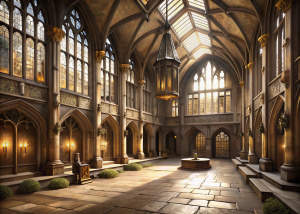 ground floor, basement, hogwarts, the courtyard, high detail, professional photo, realistic, lens 30 mm, 1/250 s, f/2.8, ISO 100