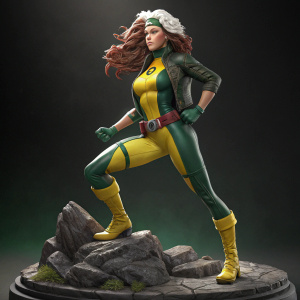 3D model of Rogue from X-Men, standing confidently. Dark and rocky base. Dark background, showcasing the vibrant outfit and auburn hair.