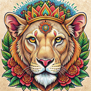 tattoo sketch, lioness in a crown of flowers, fine lines