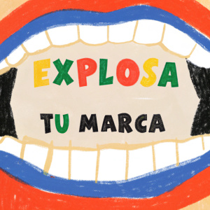 A bold graphic with an aggressive mouth illustration and the phrase 'Explosa tu marca' in vibrant red and yellow colors. The design is striking and eye-catching.