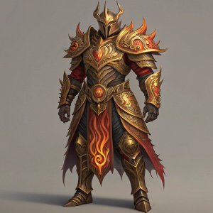 Concept art for ArcLord Thresh, depicted in detailed golden armor adorned with fiery patterns and intricate designs.