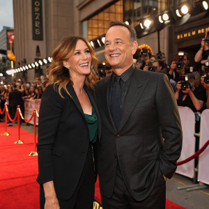 Julia Roberts and Tom Hanks at the premiere of Larry Crowne. They are standing on a vibrant red carpet surrounded by flashing cameras and enthusiastic fans.